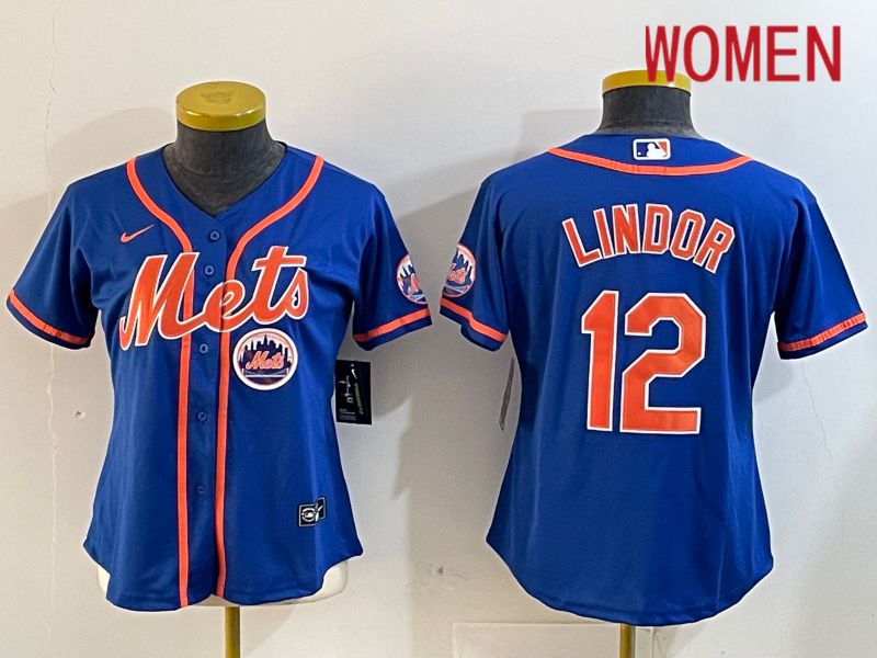 Women New York Mets #12 Lindor Blue Game 2024 Nike MLB Jersey style 12184->women mlb jersey->Women Jersey
